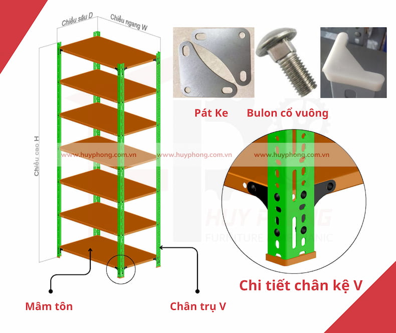 chi tiết cấu tạo kỹ thuật kệ V lỗ đa năng của Huy Phong